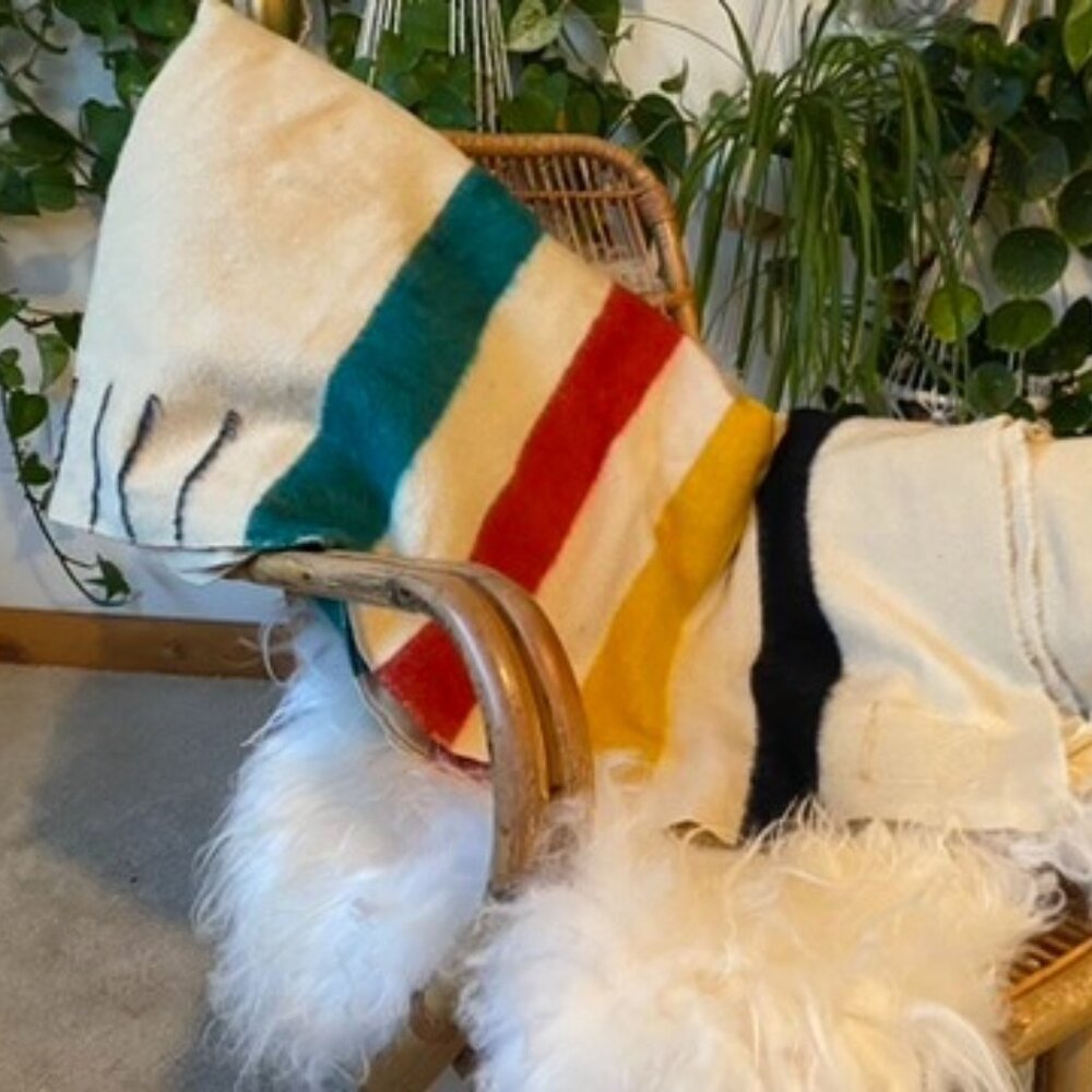 Vintage Hudson Bay 4-point Camp Blanket 100% Wool Made in England Rustic Decor